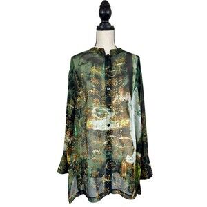 Chicos Design 100% Silk Asian Blouse Whimsical Art To Wear Washable Top Size 3